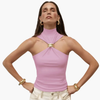 Chic High Neck Halter Top with Gold Accent