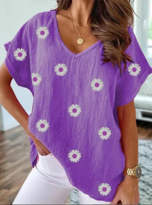 Casual V-Neck T-Shirt with 3D Floral Print