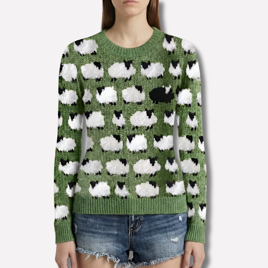 Women's Knit Sweater with Tree Pattern and Round Neckline