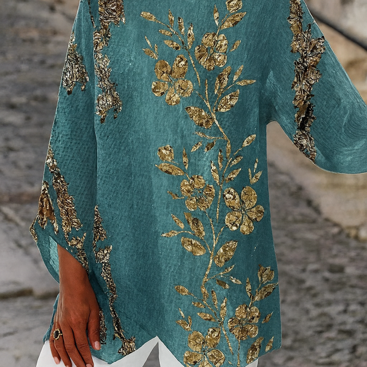 Golden Floral Long-Sleeve Blouse – Casual Elegance with Feminine Artistry