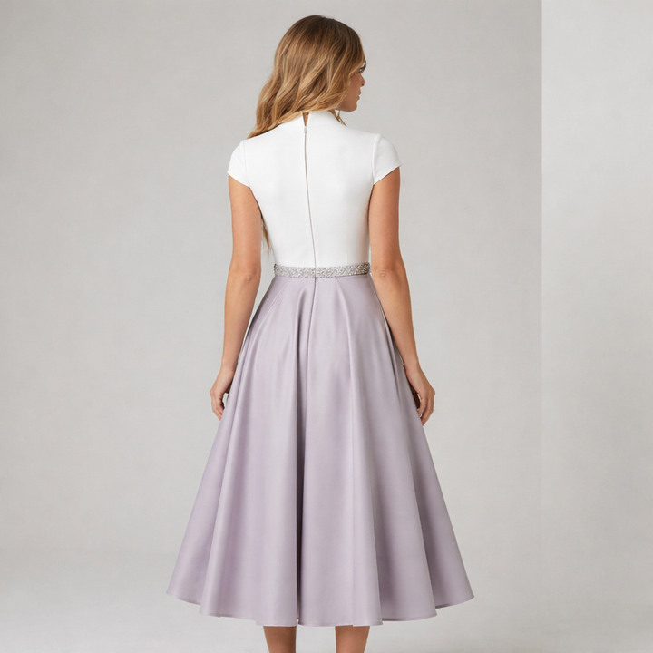 White Colorblock V-Neck Flared Summer Dress