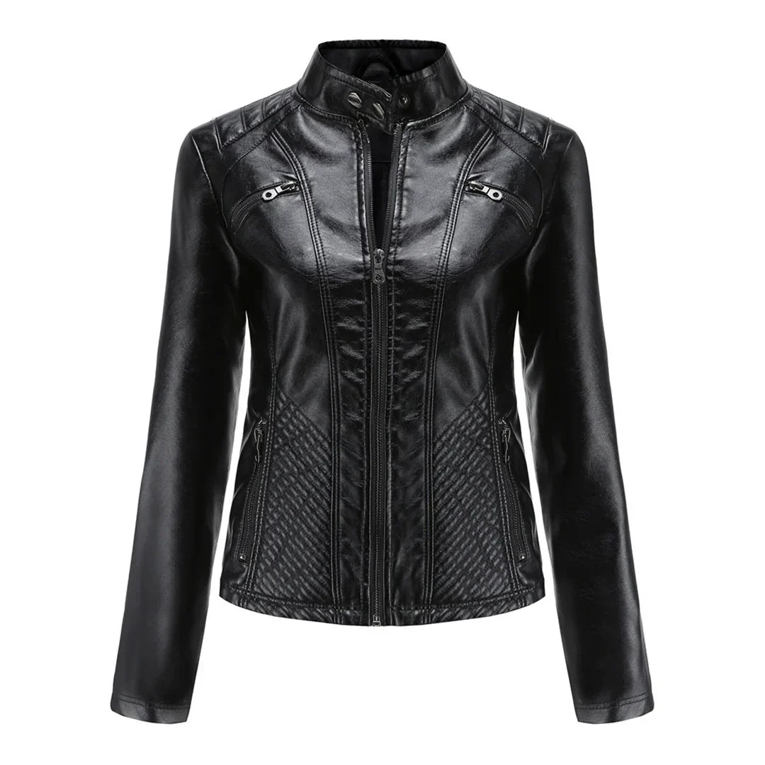 Stylish Faux Leather Women's Jacket with Classic Biker Design