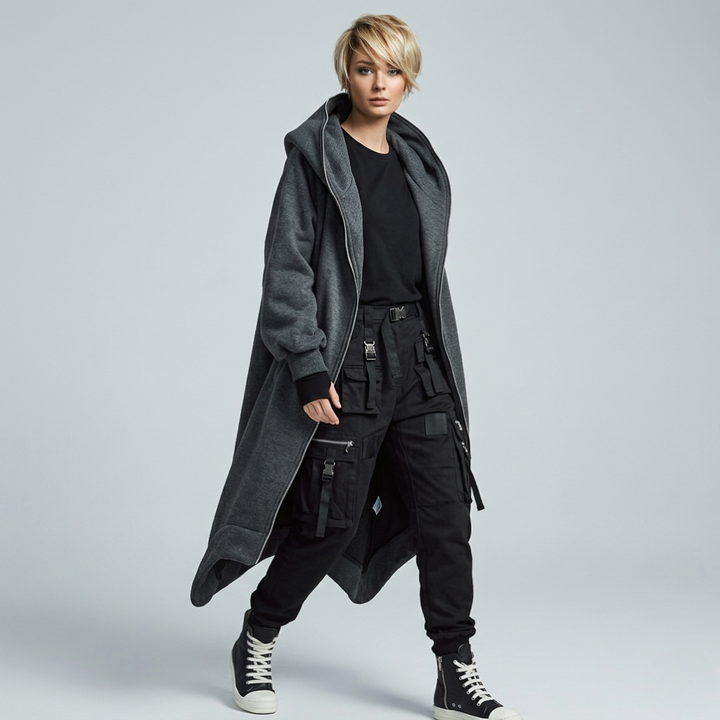 Oversized Women's Coat with Hood and Zipper – Cozy Elegance for Every Season