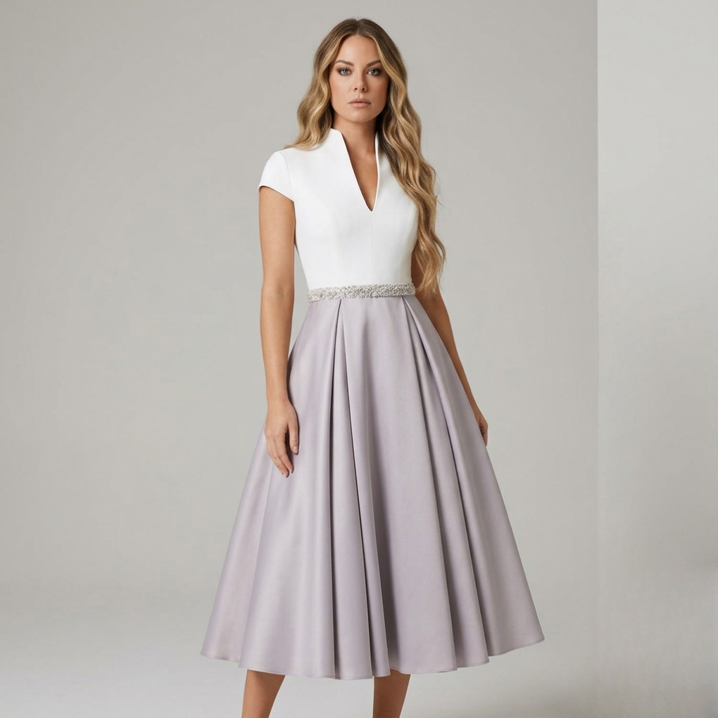White Colorblock V-Neck Flared Summer Dress