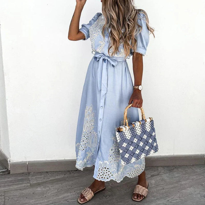 Women’s Embroidered Blue Dress with Elegant Detailing