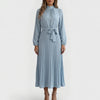 Long-Sleeve Pleated Midi Dress With Waist Tie