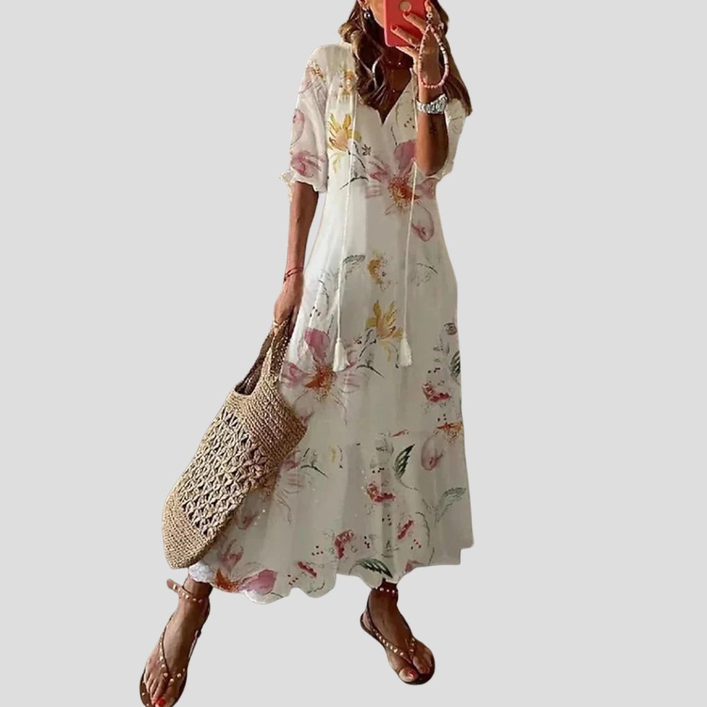 Boho Chic Floral V-Neck Maxi Dress – Perfect for Warm Days
