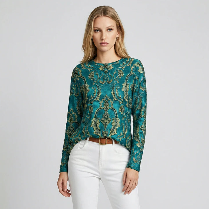 Women’s Green Round-Neck Printed Long-Sleeve Blouse