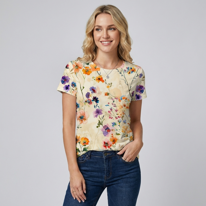 Women's Vintage Floral T-Shirt with Round Neck