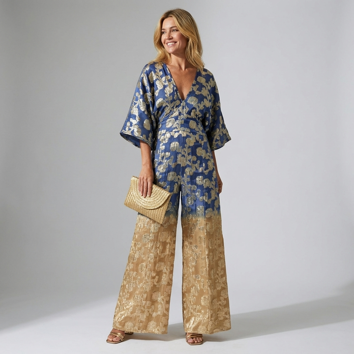 V-Neck Backless Jumpsuit with Gradient Print for Women