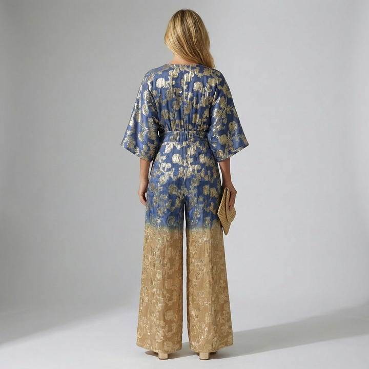 V-Neck Backless Jumpsuit with Gradient Print for Women