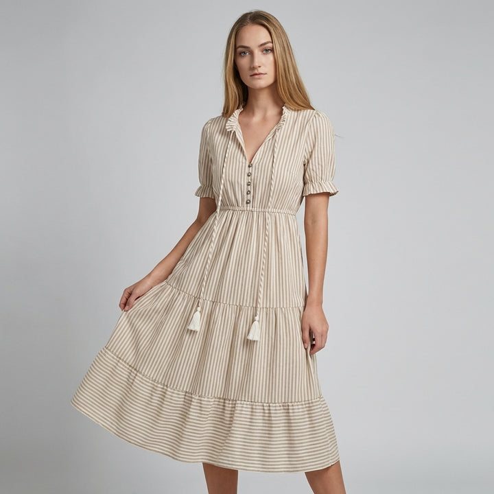 Striped Summer Dress with Lantern Sleeves and V-Neck