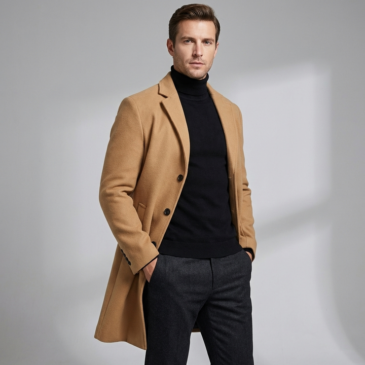 Men's Long Winter Coat with Notch Lapel