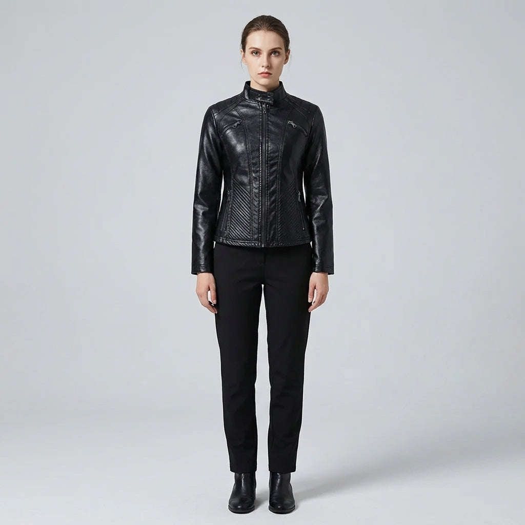 Stylish Faux Leather Women's Jacket with Classic Biker Design