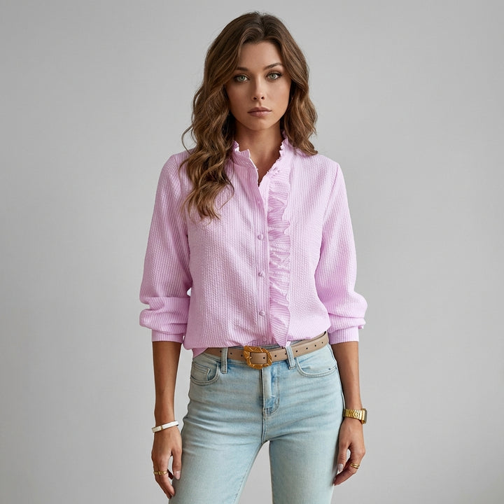 Striped Women's Blouse with Ruffles and Elegant Button Closure