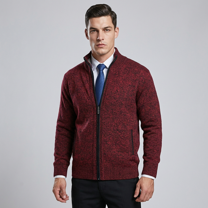 Knitted Zip-Up Cardigan with Collar and Pockets