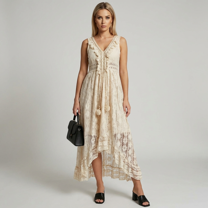 Bohemian Maxi Dress with Lace and Elegant Flared Sleeves
