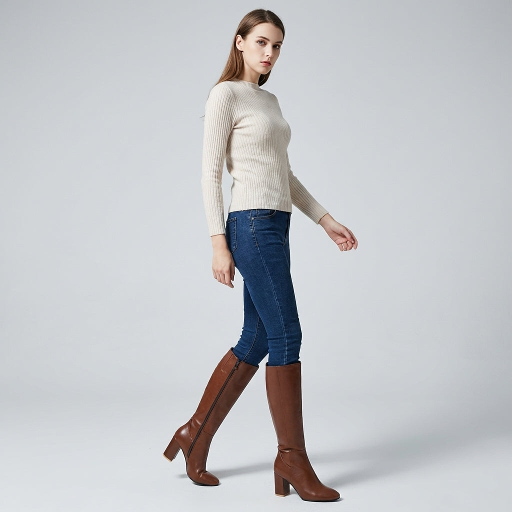 Women's Heeled Knee-High Boots with Zipper