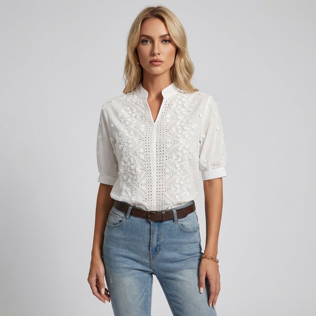 Summer White Blouse with Embroidery and V-Neck