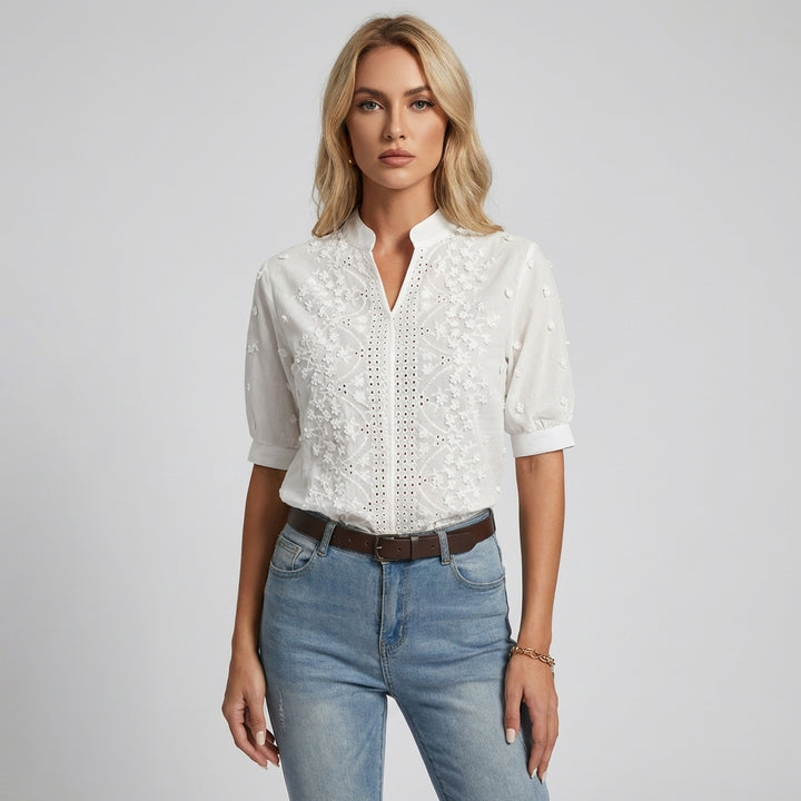 Summer White Blouse with Embroidery and V-Neck