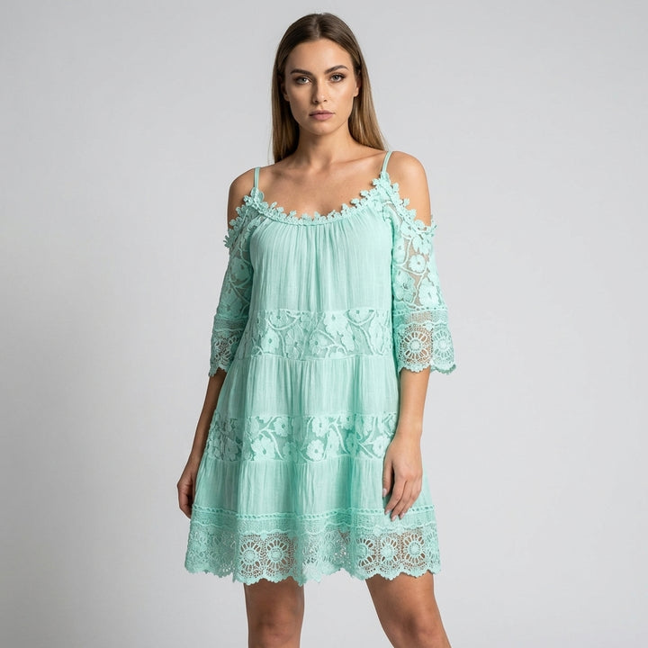 Summer Mini Dress with Crochet Lace and Embroidery