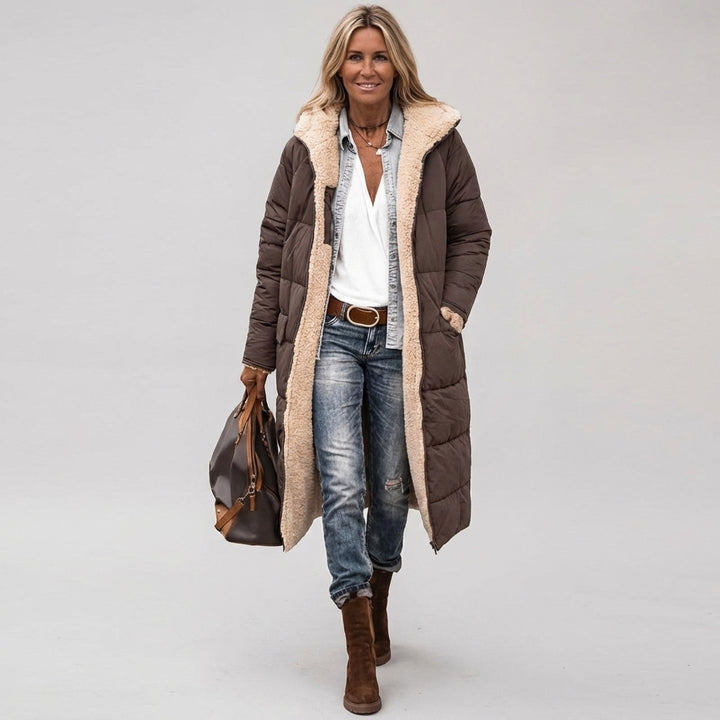 Women’s Long Reversible Winter Coat – Hooded with Teddy Lining