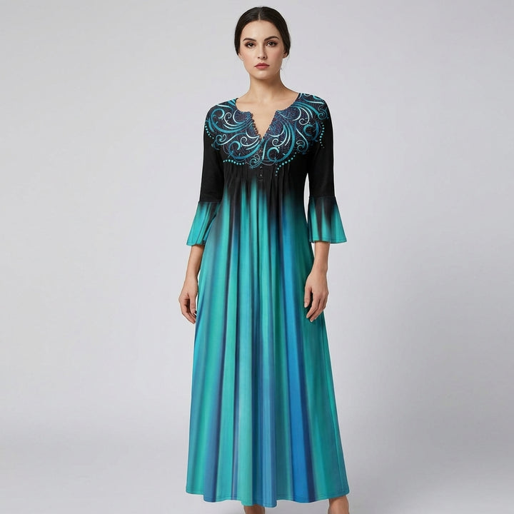 Green Ombre-Stripe V-Neck 3/4-Sleeve Dress – Casual Fade of Colour