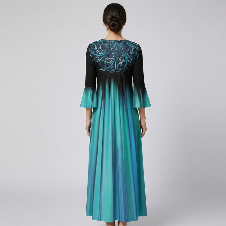 Green Ombre-Stripe V-Neck 3/4-Sleeve Dress – Casual Fade of Colour