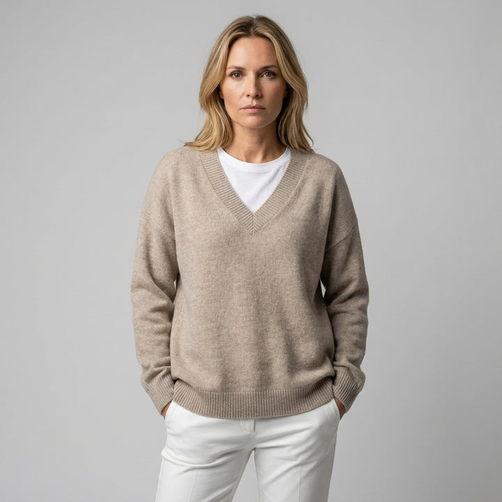 Apricot V-Neck Long-Sleeve Sweater – Casual Solid Style for Everyday Wear