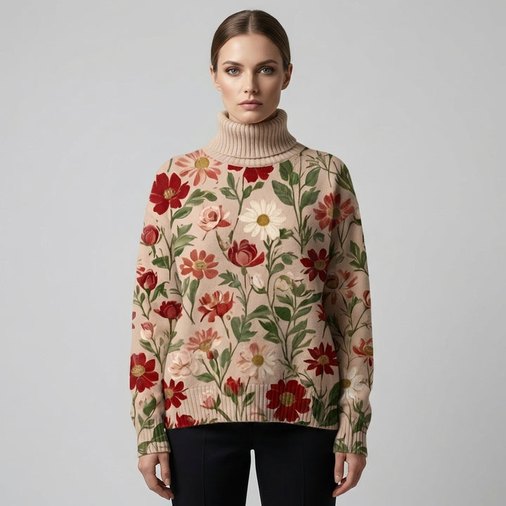 Vintage Christmas Art Print Knit Turtleneck Pullover Sweater – Festive Style for Colder Days