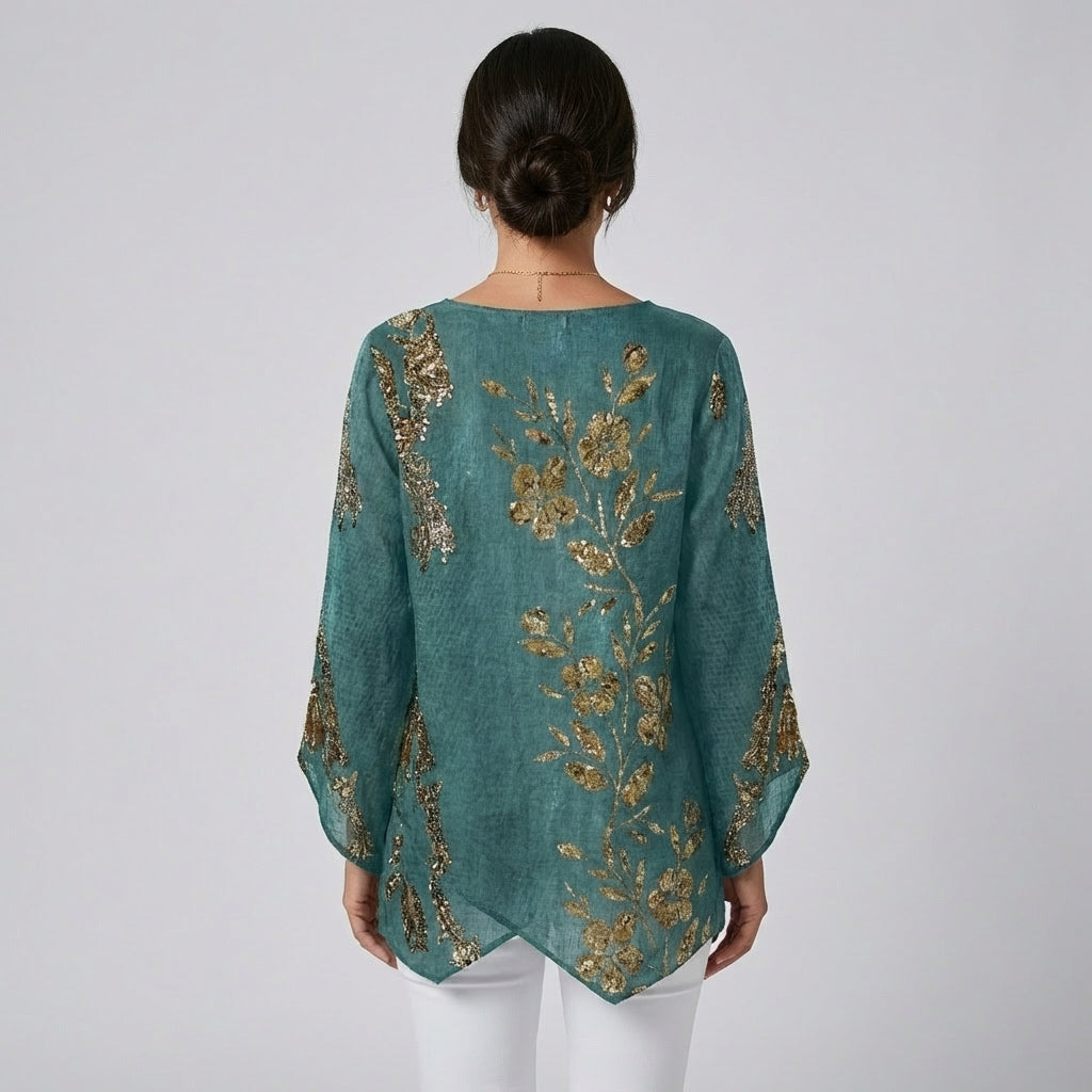 Golden Floral Long-Sleeve Blouse – Casual Elegance with Feminine Artistry