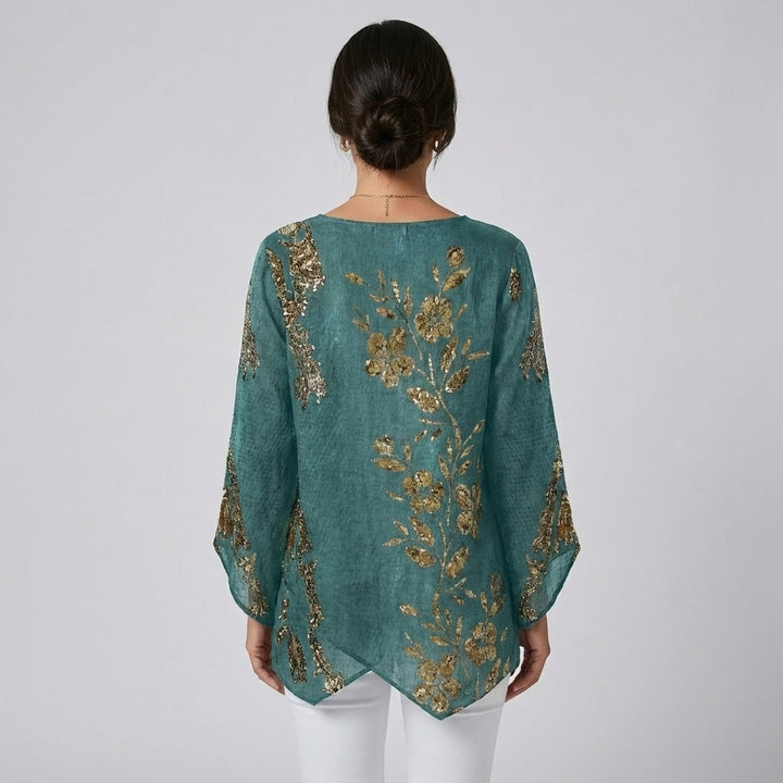 Golden Floral Long-Sleeve Blouse – Casual Elegance with Feminine Artistry