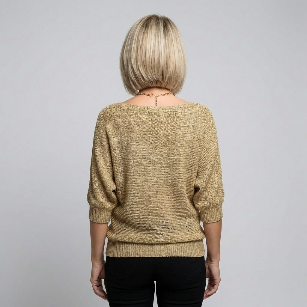 Khaki Crew-Neck Half-Sleeve Knitted Sweater – Relaxed Everyday Style