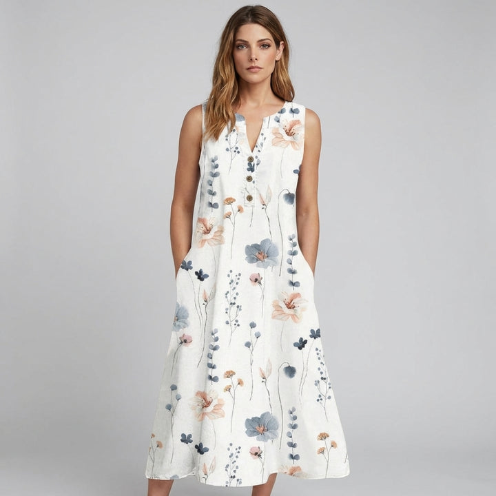 Women’s White V-Neck Floral Print Sleeveless Dress
