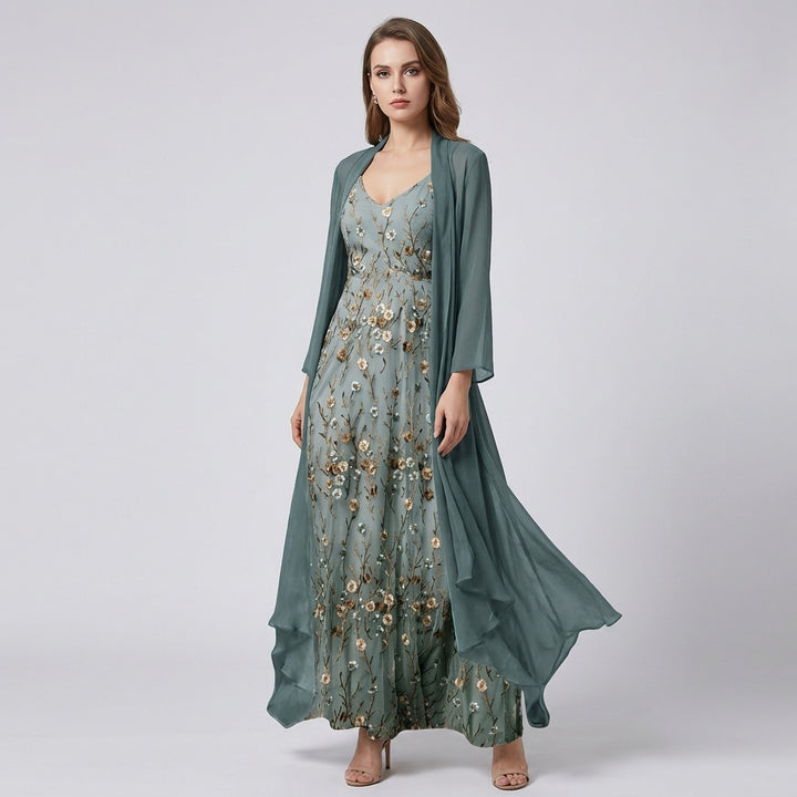 Women’s Green Floral Two-Piece Set – 3/4 Sleeve V-Neck Style