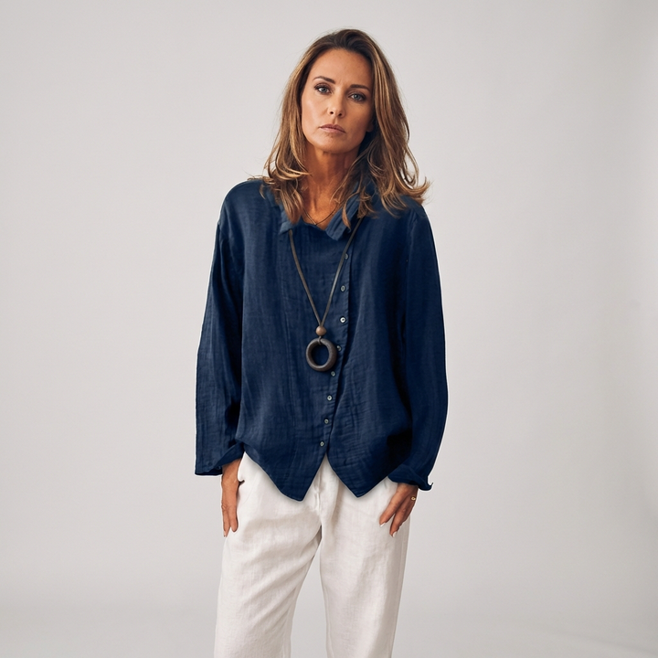 Women’s Blue Button Lapel Long-Sleeve Shirt