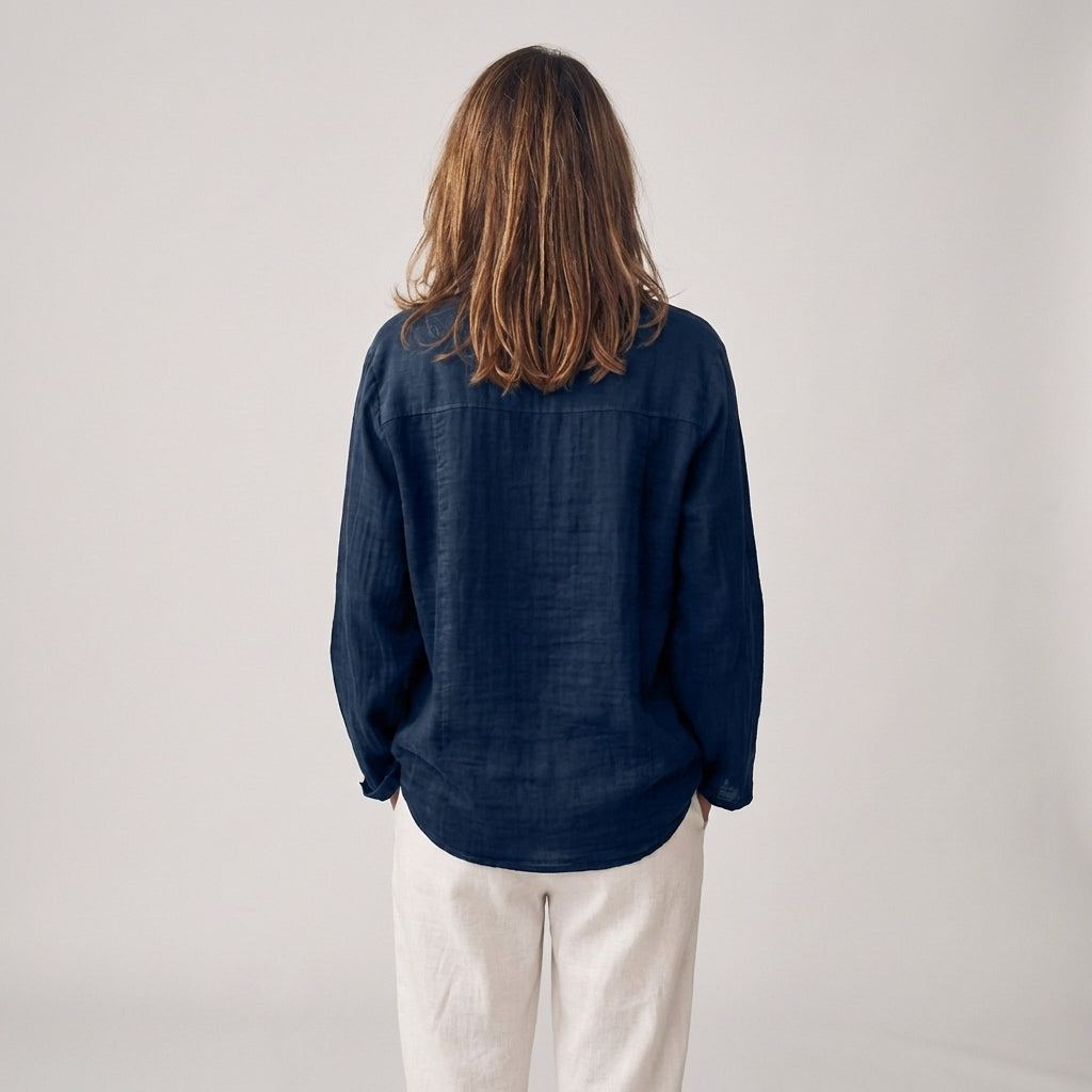 Women’s Blue Button Lapel Long-Sleeve Shirt