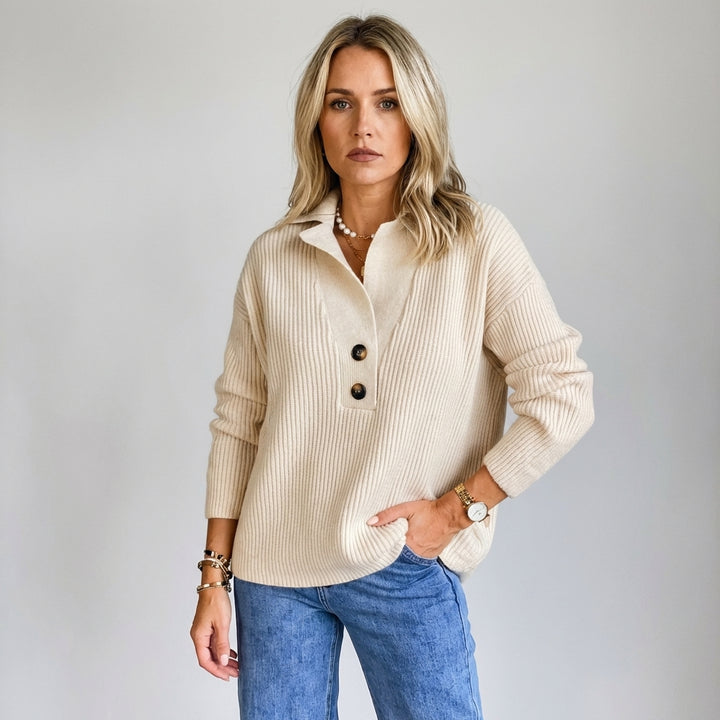 Women’s Lapel Jumper – Apricot Graphic Accent Design