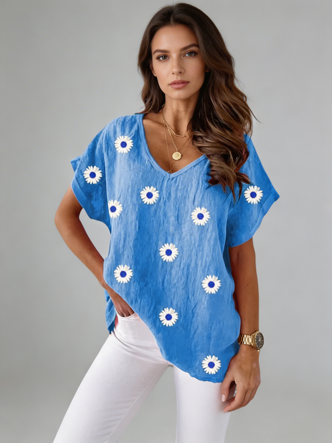 Casual V-Neck T-Shirt with 3D Floral Print