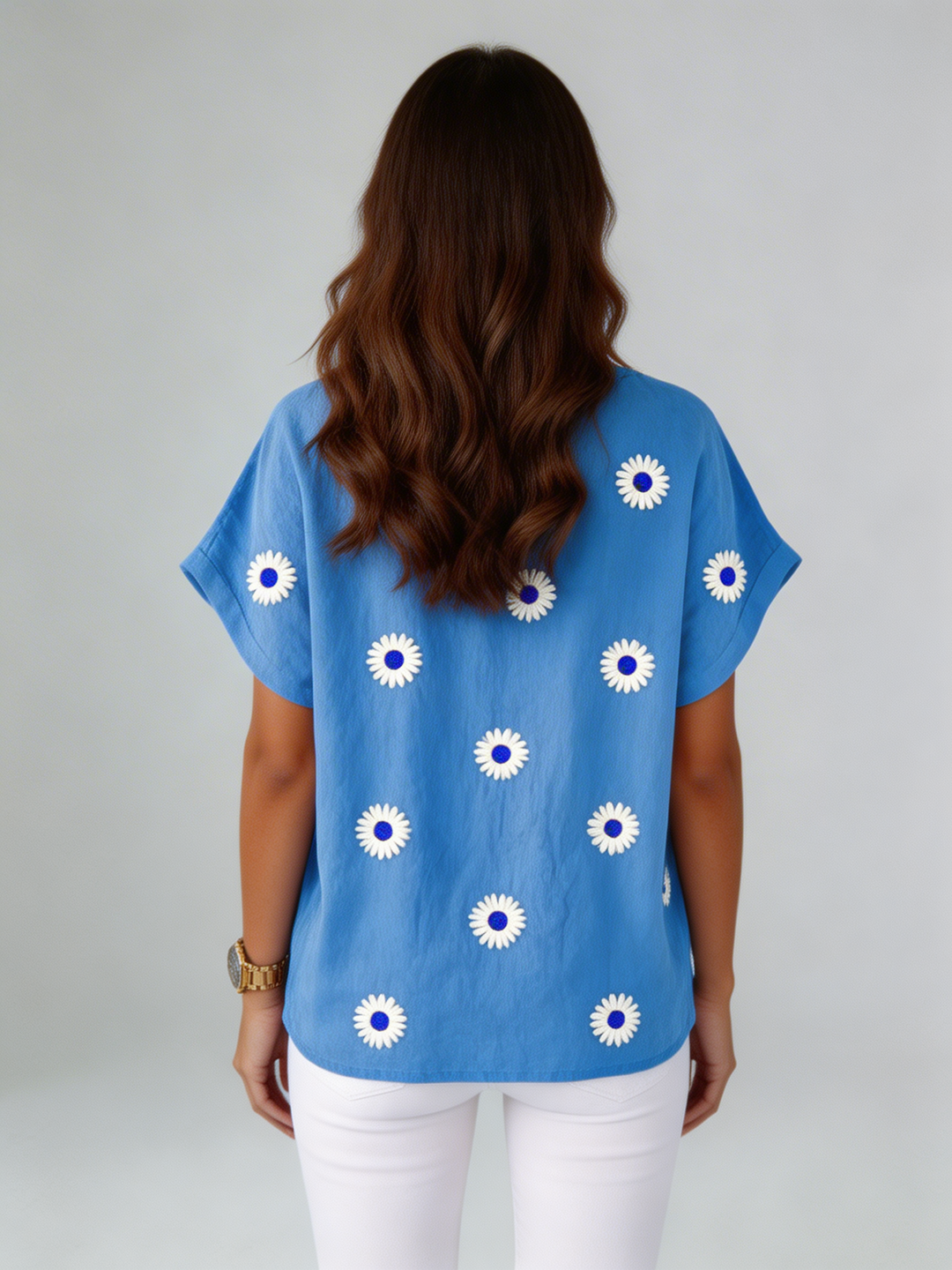 Casual V-Neck T-Shirt with 3D Floral Print