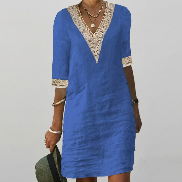 Women's Casual Dress Linen Blend V-Neck Lace Trim