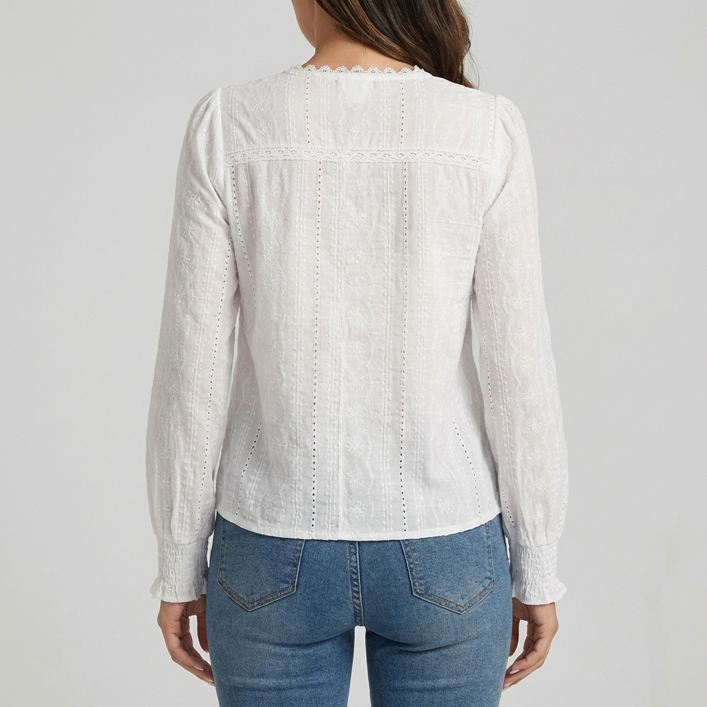 Women's V-Neck Lace Trim Blouse & Long Sleeves