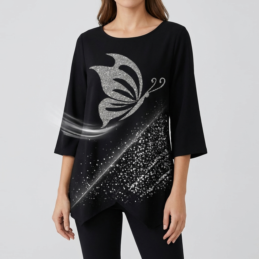 Women's Butterfly Print Blouse Round Neck & Long Sleeves
