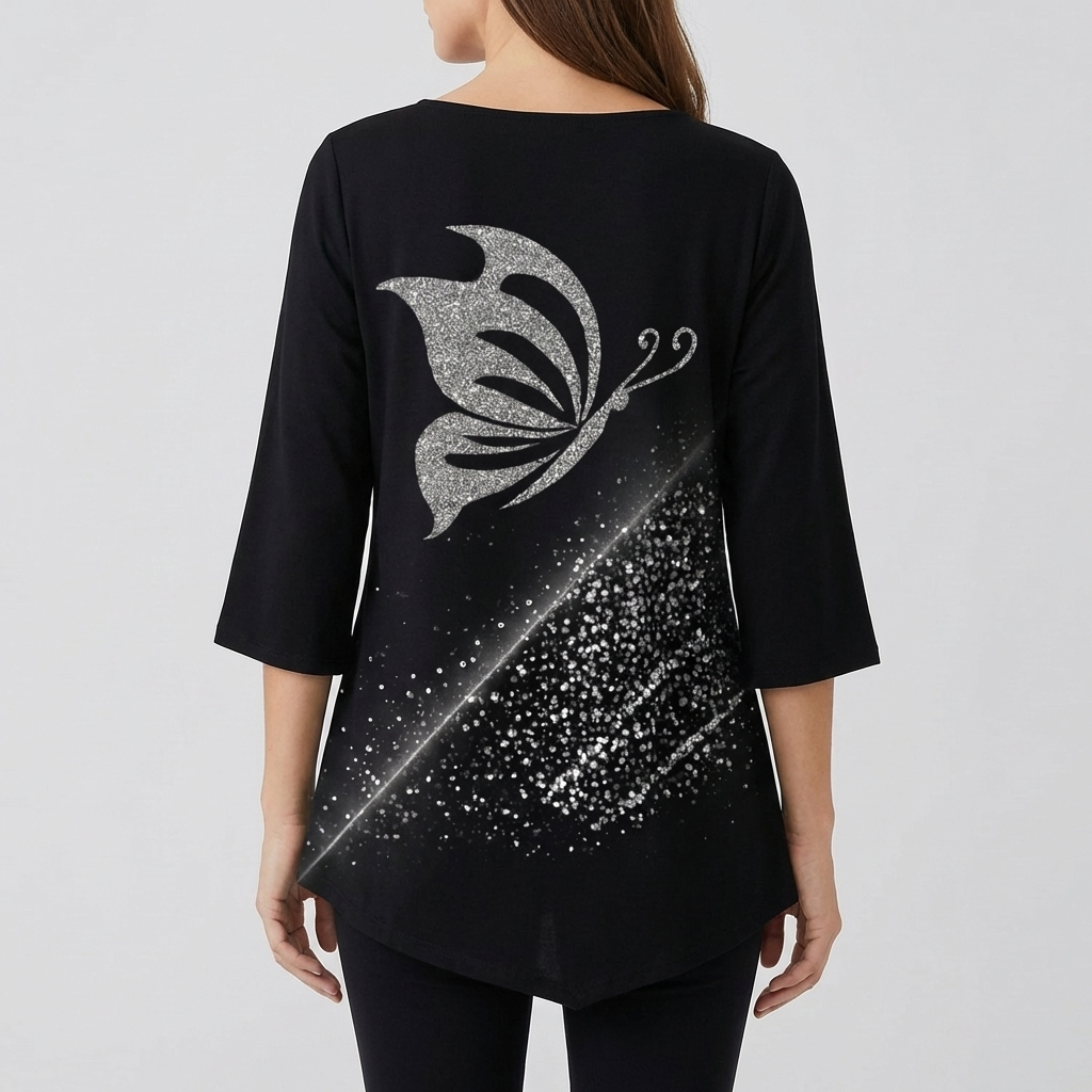 Women's Butterfly Print Blouse Round Neck & Long Sleeves