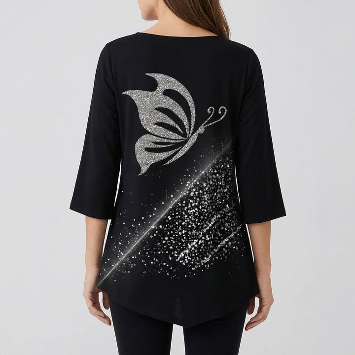 Women's Butterfly Print Blouse Round Neck & Long Sleeves