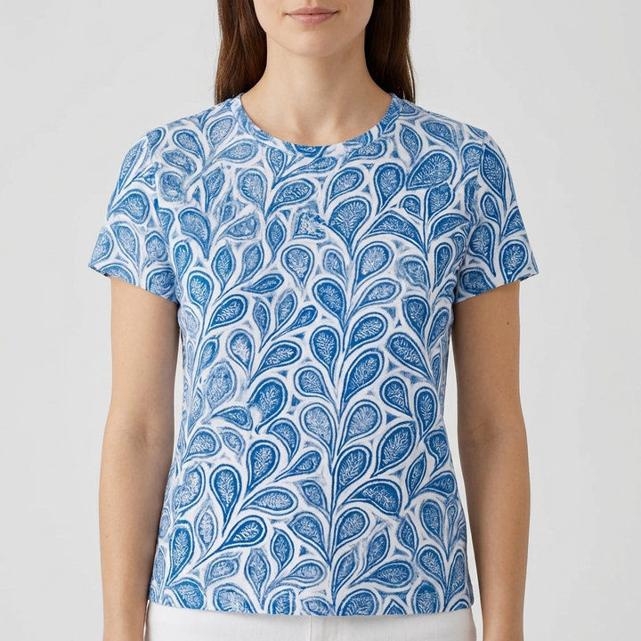 Women's Blue Print T-Shirt Round Neck & Short Sleeves
