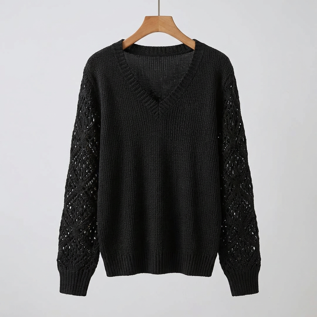 Women's Fine Knit Sweater with V-Neck and Long Sleeves