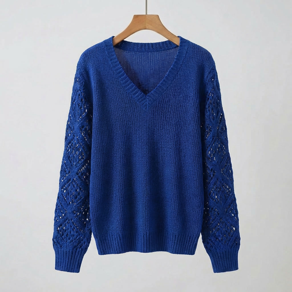 Women's Fine Knit Sweater with V-Neck and Long Sleeves