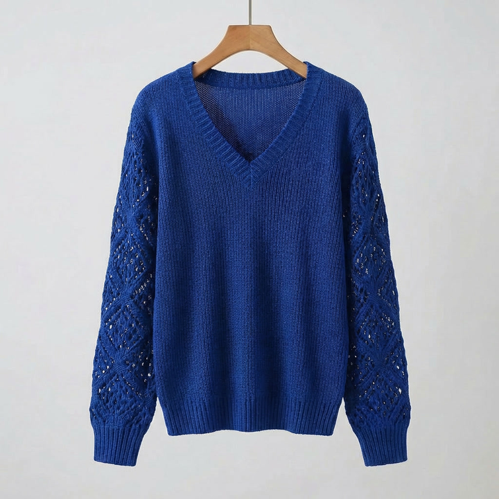 Women's Fine Knit Sweater with V-Neck and Long Sleeves