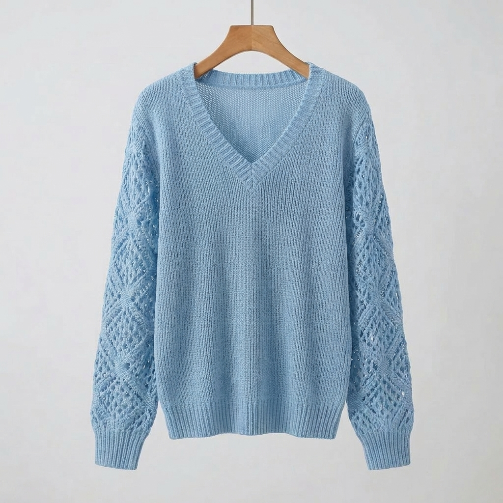 Women's Fine Knit Sweater with V-Neck and Long Sleeves